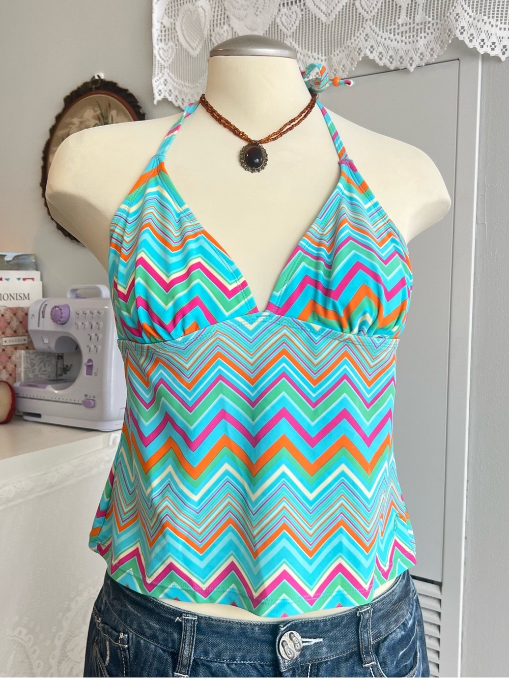 Y2K B.U.M. Equipment Multi-colored striped Halter swim top
